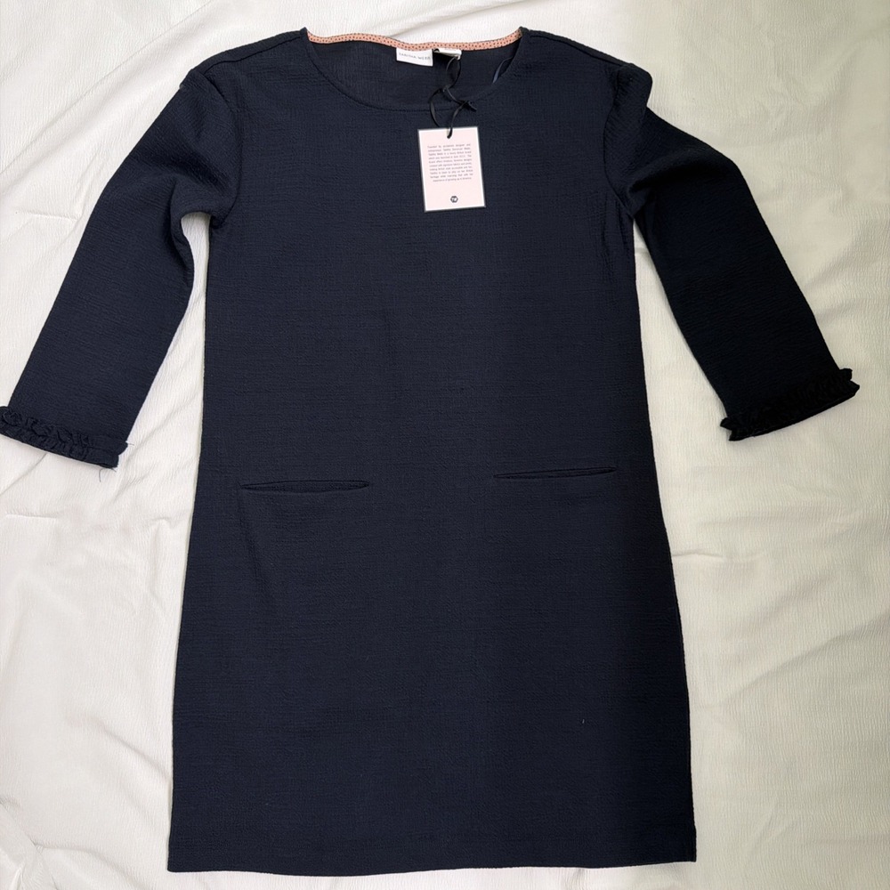 Tabitha Webb Navy Blue Textured Shift Dress Ruffle Cuff Pockets Womens Small NWT